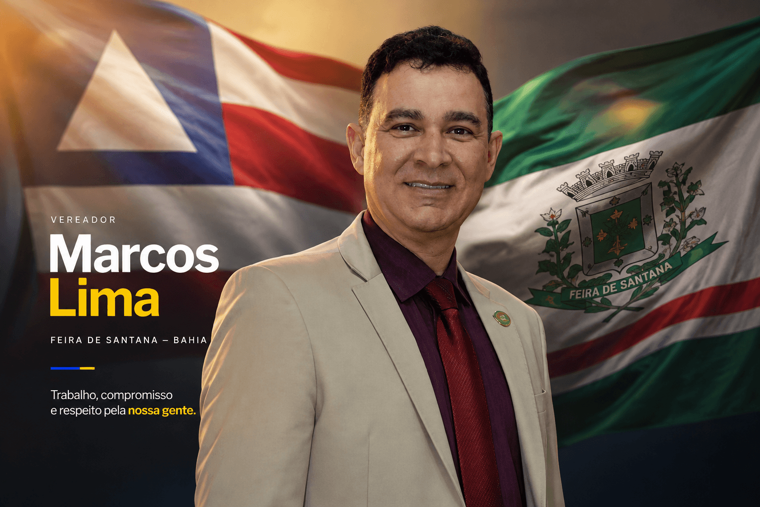 Marcos Lima diante das bandeiras da Bahia e de Feira de Santana.